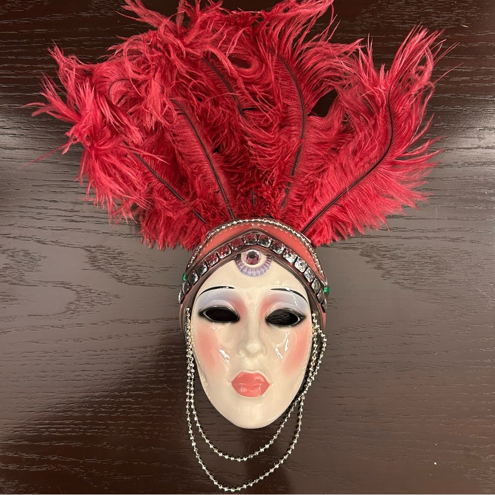 VINTAGE MASK - CLAY ART OF SAN FRANCISCO - ELEGANT BURGUNDY FEATHERS - JEWELED